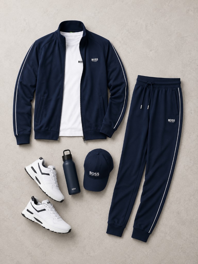 Navy tracksuit flatlay