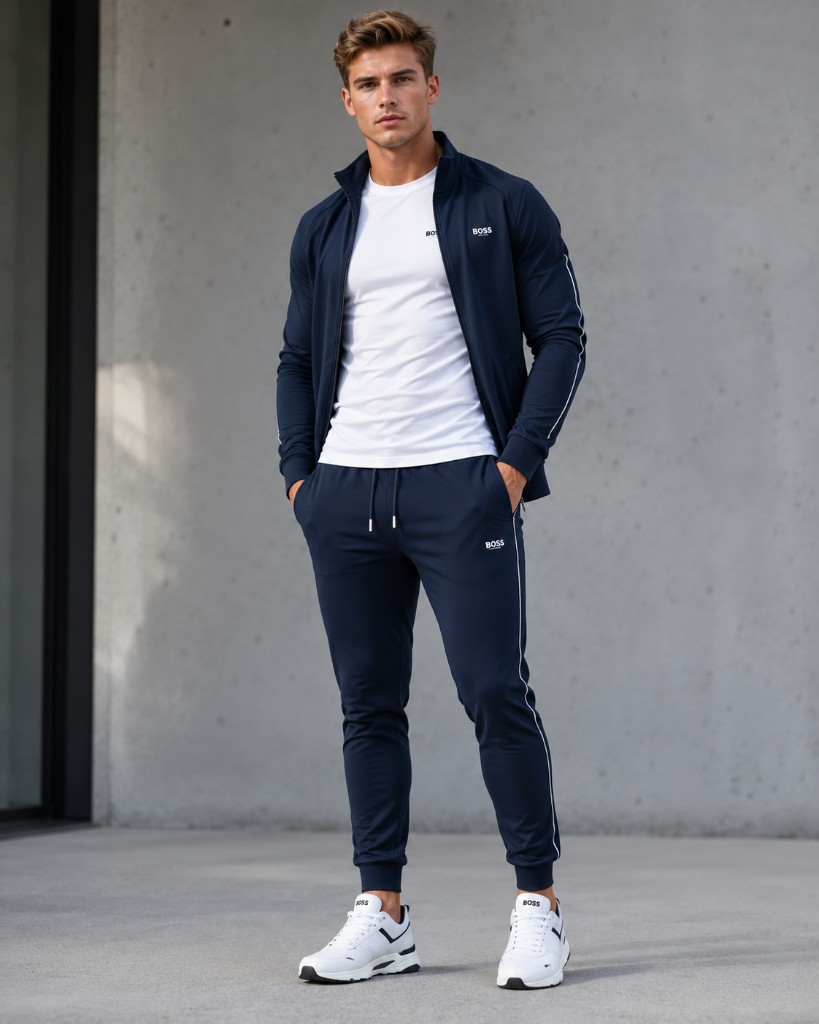 Casual look: polished off-duty navy tracksuit