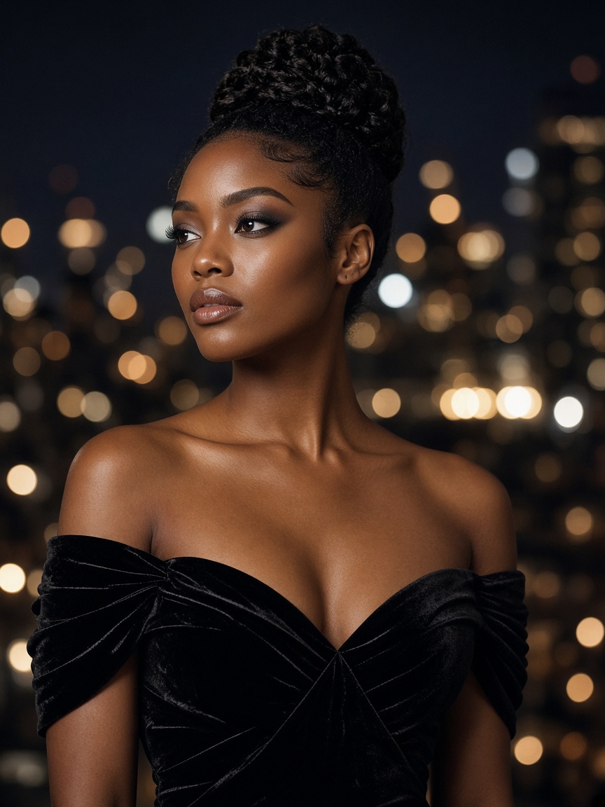 Evening look: black velvet evening gown