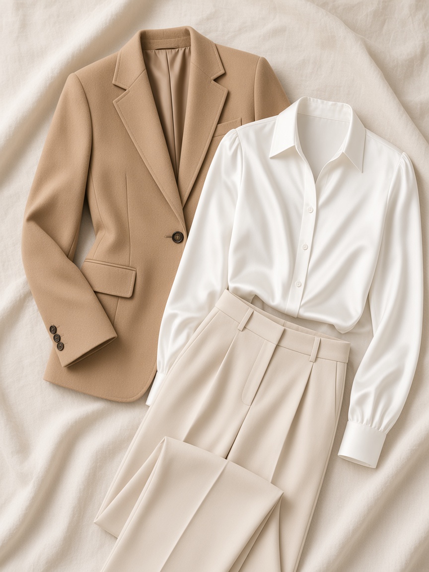 Dinner date outfit: camel blazer, white blouse, cream trousers