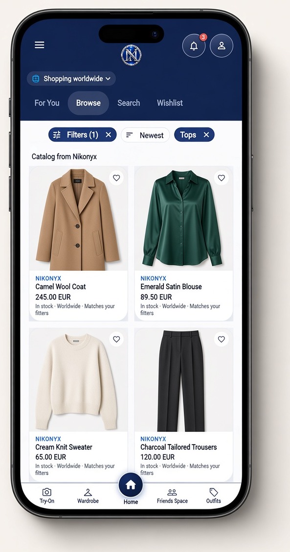 Nikonyx app Browse catalog showing partner pieces shoppers can discover and try on