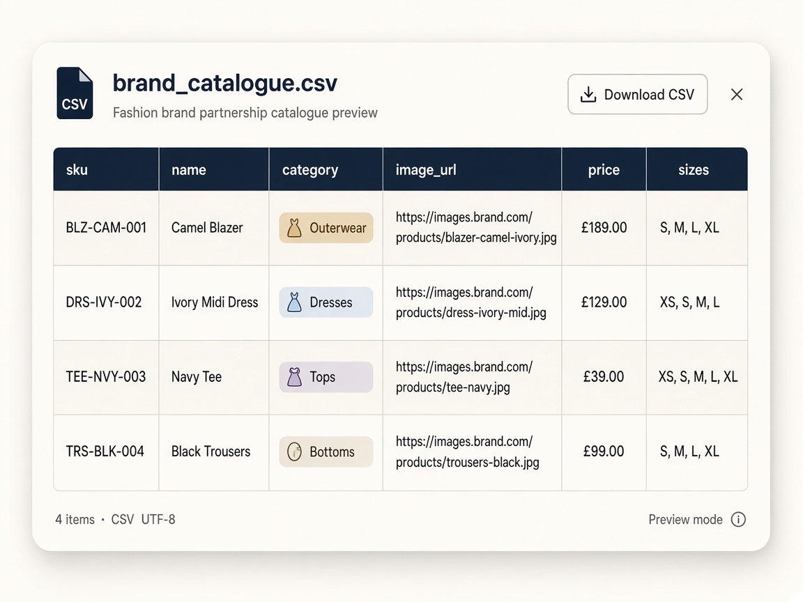 Sample partner catalogue CSV: sku, name, category, image URL, price, sizes